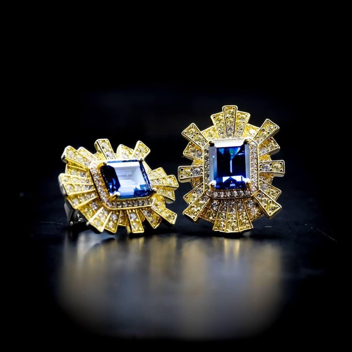 Omnia Nadine Royal Blue Emerald Cut Sunburst Earrings in 92.5 Silver with High-Quality Simulated Diamonds - OMNIASTORES UAE