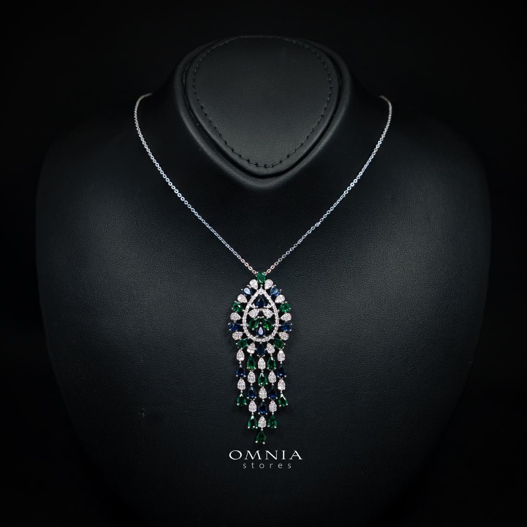 Omnia Aleah Luxury Multi Color Necklace, Earrings and Ring Set in High Quality Zircon Stone Rhodium Plated