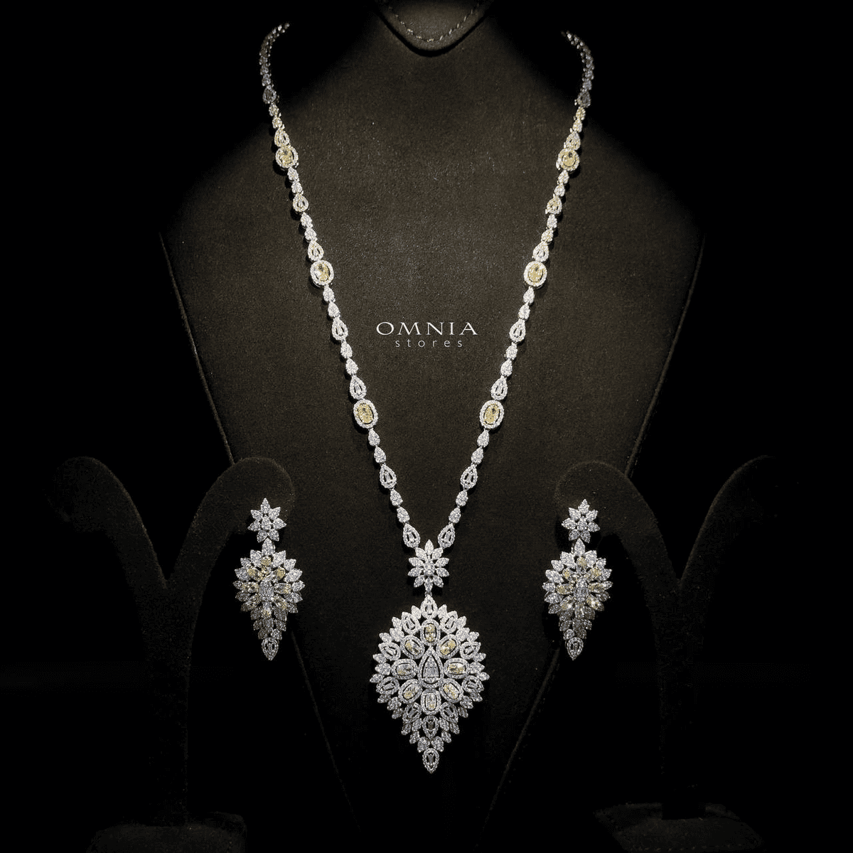Omnia hasmaa Bridal Long chain Set Accessories High Quality Zircon Stone In Rhodium Plated - OMNIASTORES UAE