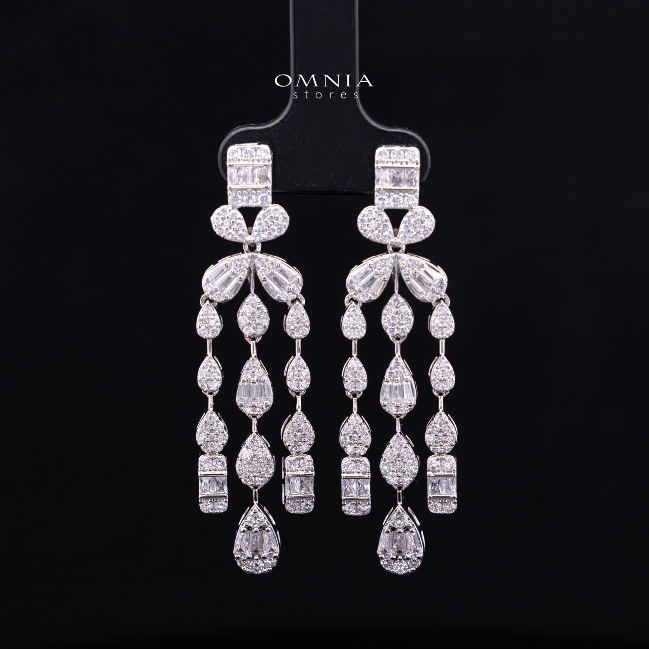 Zahida Elegant White Cascading Tassel Chandelier Bridal Full Set with Premium Zircon Stones, Rhodium-Plated Finish