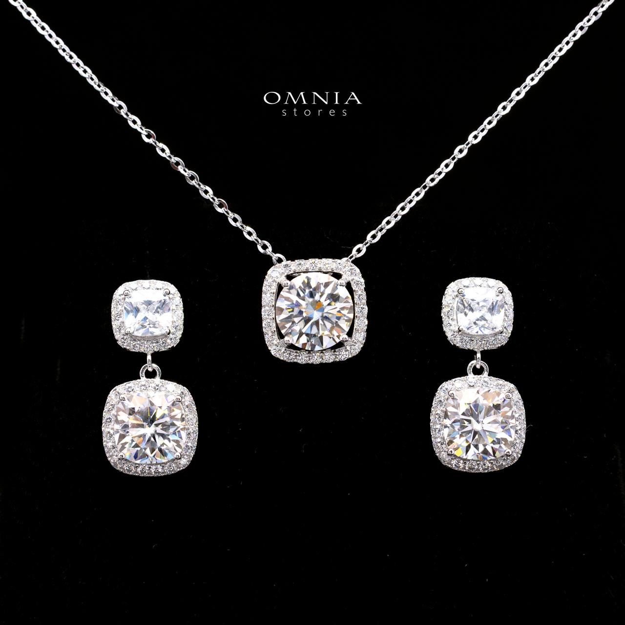 Meghan White Moissanite Double Cushion Halo Pendant Necklace and Drop Earrings Set in 925 Sterling Silver
