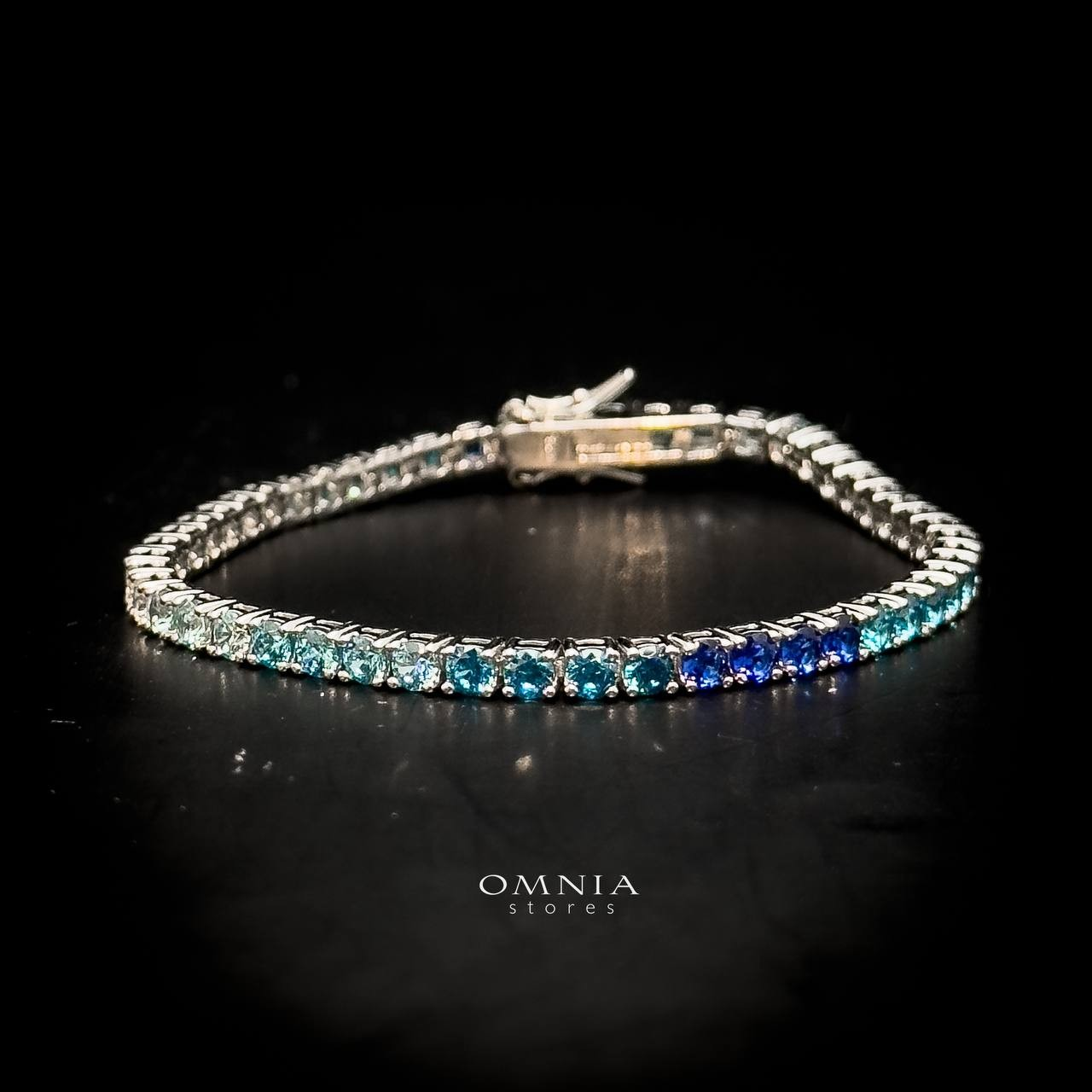 Omnia Tasneem Blue 3mm Tennis Bracelet in 92.5 Silver High Quality Simulated diamonds