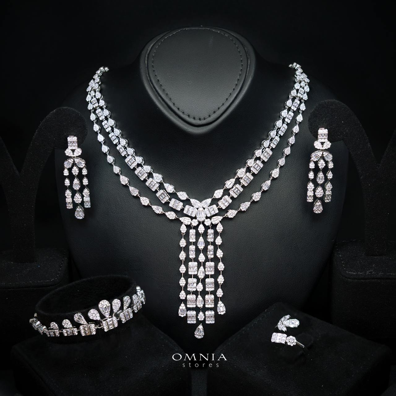 Zahida Elegant White Cascading Tassel Chandelier Bridal Full Set with Premium Zircon Stones, Rhodium-Plated Finish