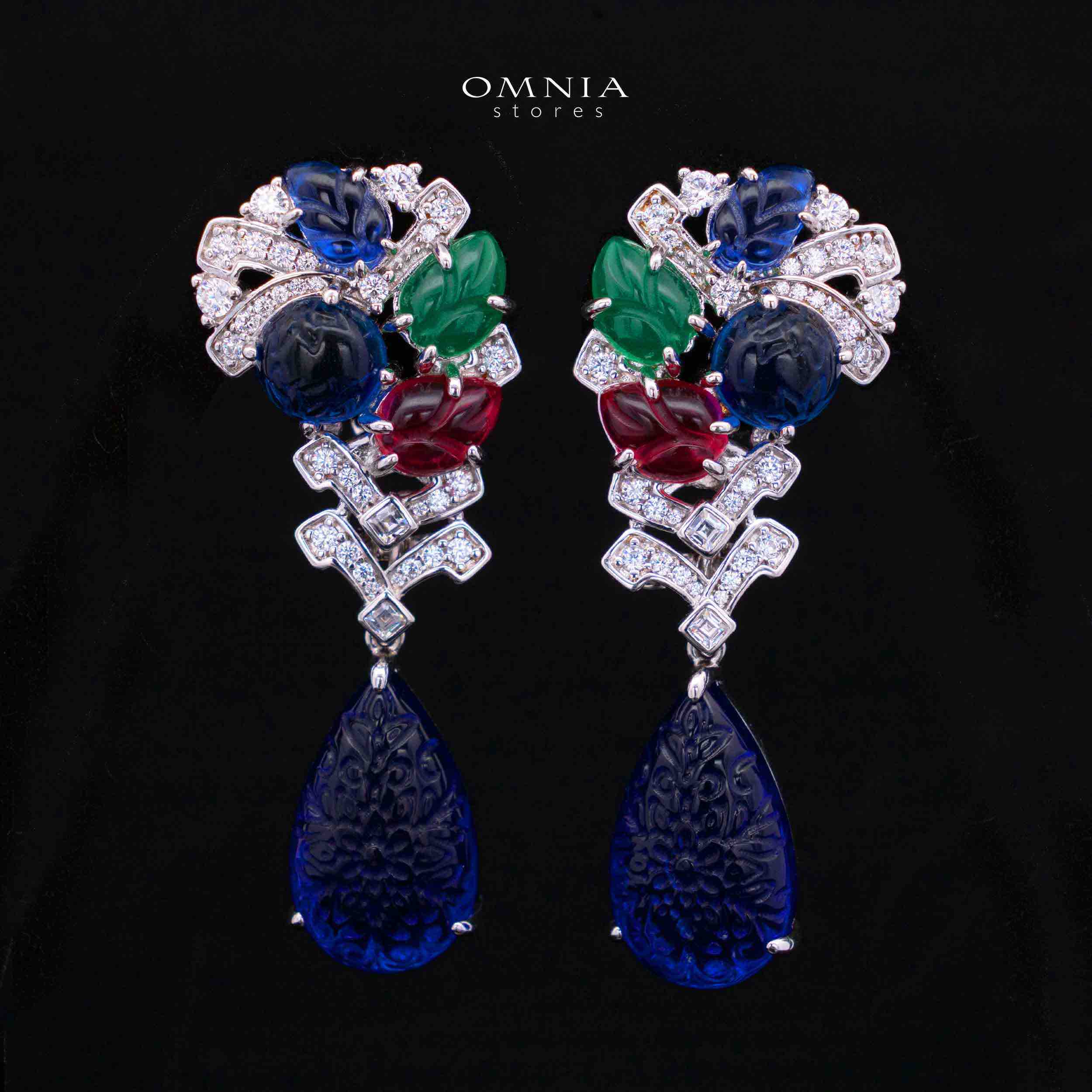 Allison Multicolor Floral Design Double Pearl Drop Earrings with High-Quality Simulated Diamonds in 925 Silver