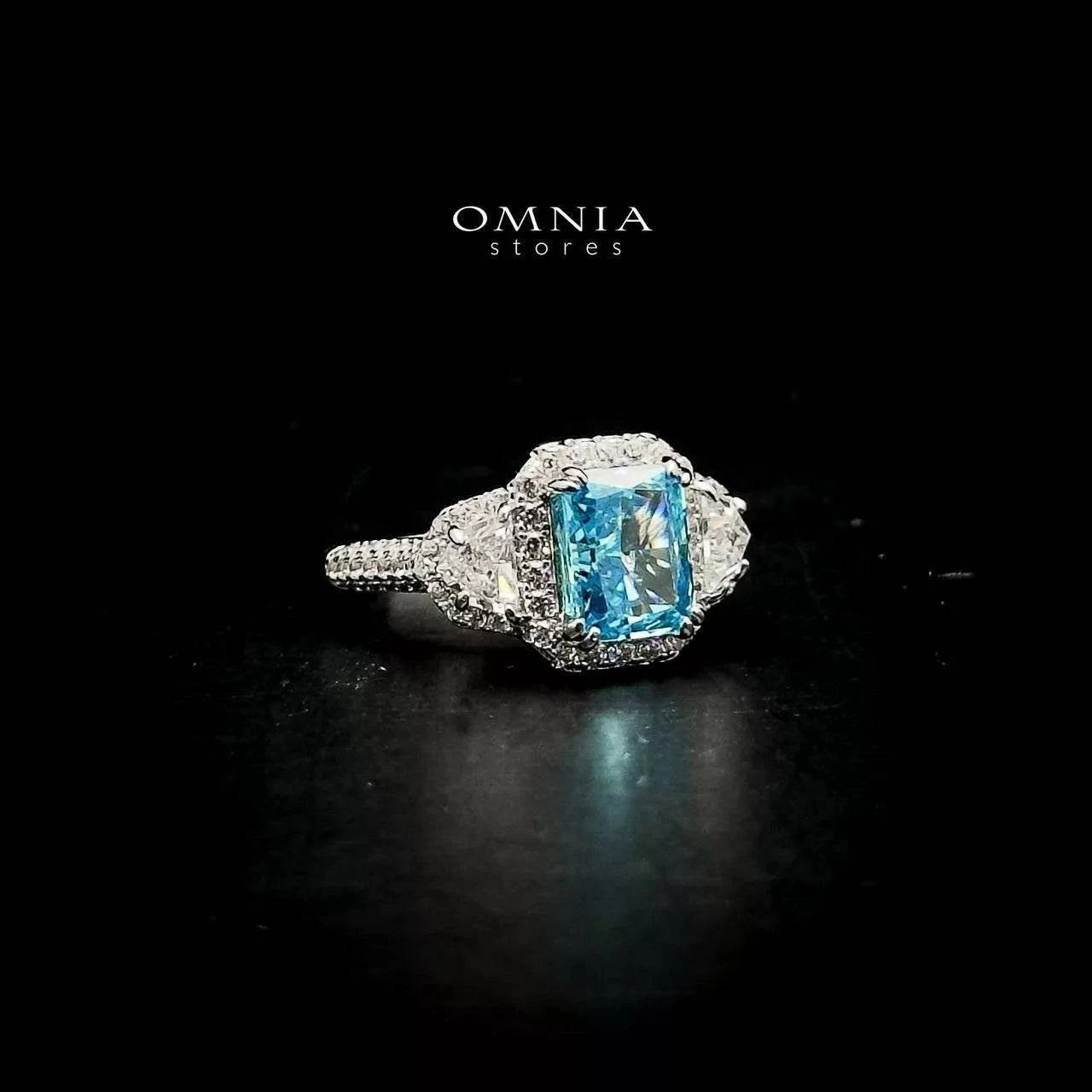 Omnia Aseel Radiant Cut Sky Blue Ring in 92.5 Silver with High Quality Simulated Diamonds - OMNIASTORES UAE