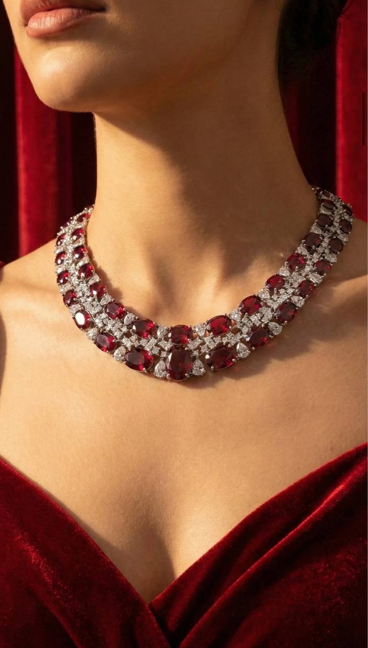 Omnia Maimoona Red and White Necklace In 925 Silver High Quality Certified Lab Crafted Stones