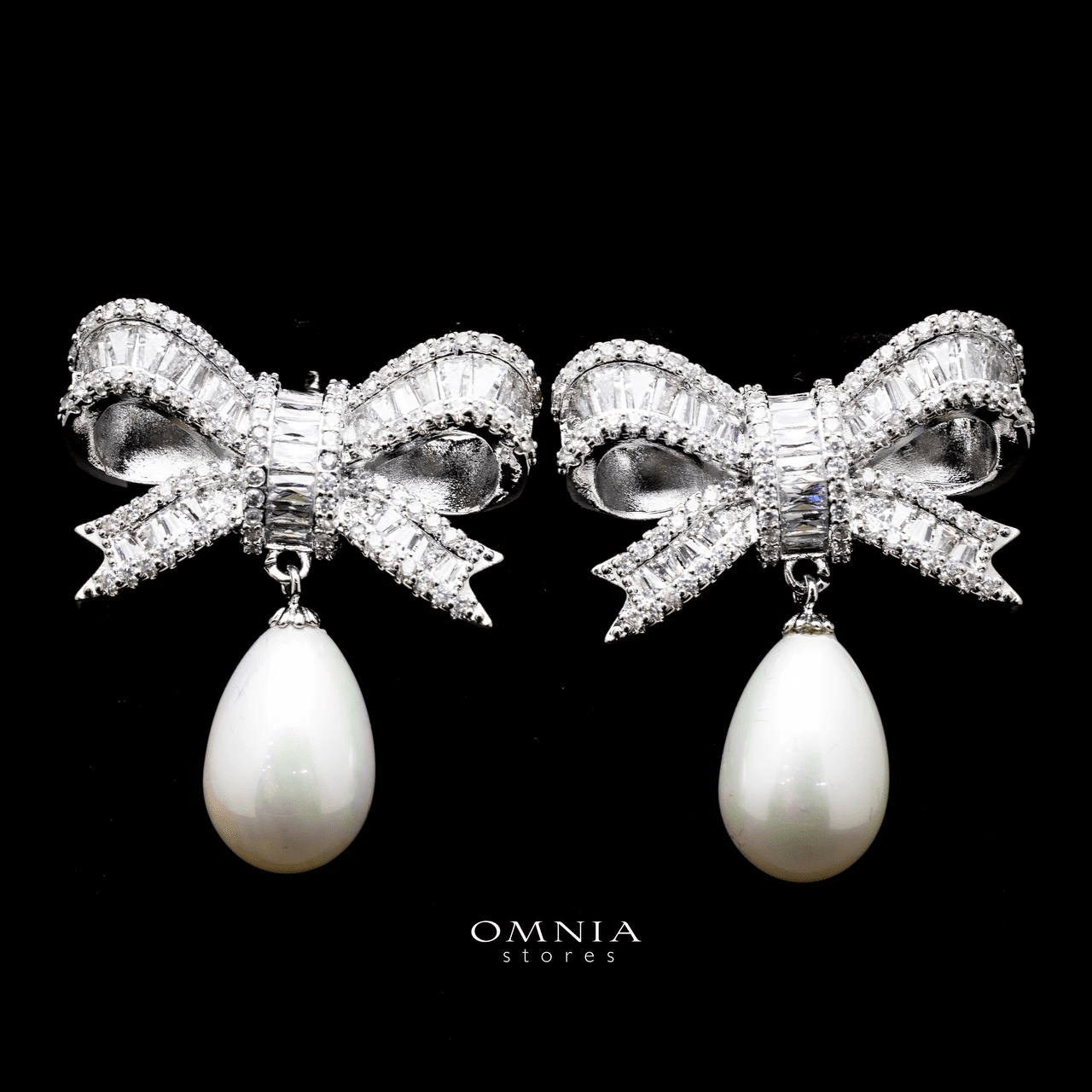 Omnia Imaan Ribbon Earrings in High Quality Zircon Stone Rhodium Plated - OMNIASTORES UAE