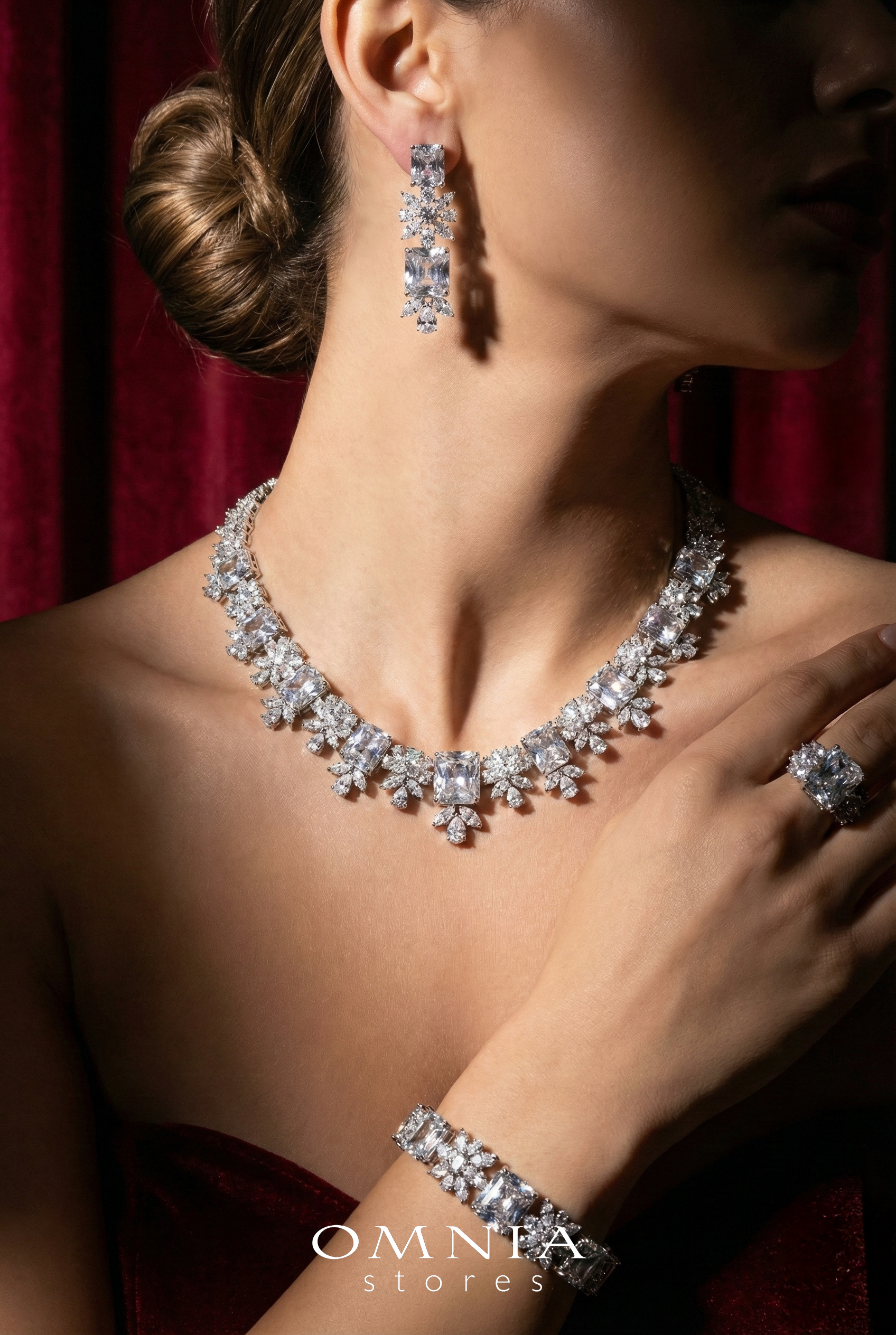 Omnia Charlotte Pure White Bridal Full Set with Emerald and Pear-Cut High-Quality Simulated Diamonds Rhodium Plated