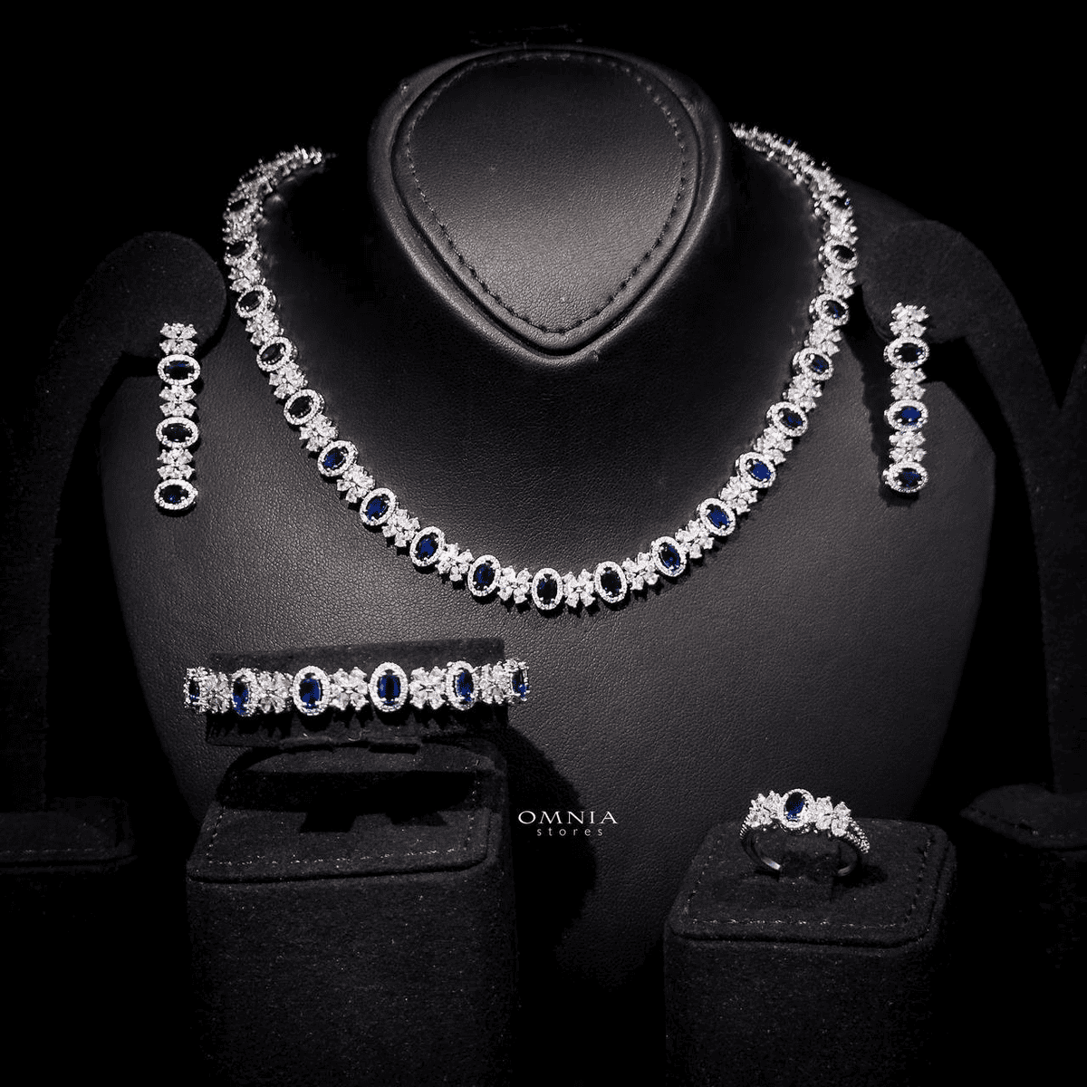 Omnia Mira Blue Bridal Full Set in High Quality Zircon Stone Rhodium Plated - OMNIASTORES UAE