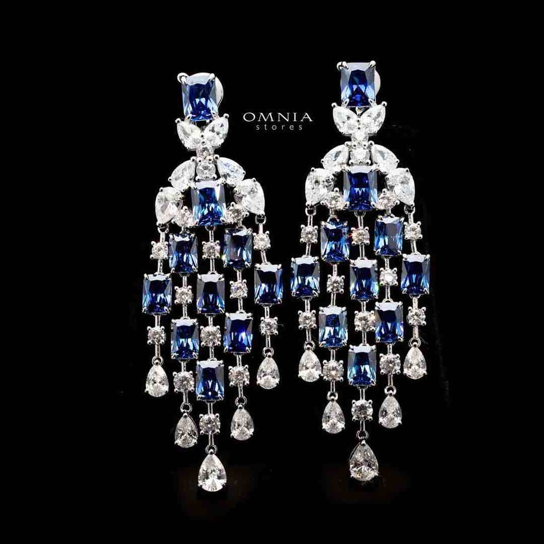 Omnia Israa Blue Chandelier Earrings In 92.5 Silver High Quality Simulated diamonds - OMNIASTORES UAE