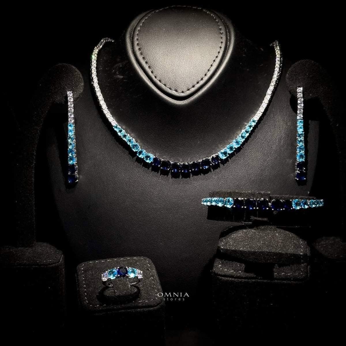 Omnia Maryam Blue Bridal Full Set in High Quality Zircon Stone Rhodium Plated - OMNIASTORES UAE