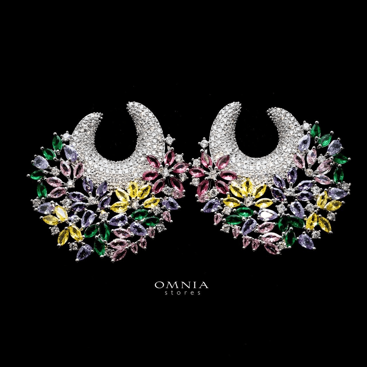 Omnia Layla Silver Floral Crescent Hoop Earrings with Multicolor Zircon Accents in High Quality Zircon Stone Rhodium Plated - OMNIASTORES UAE