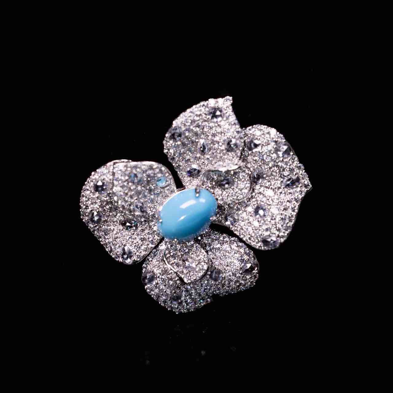 Omnia Mayyada Sky Blue Coral Flower Brooch in 925 Silver In High Quality Simulated Diamonds