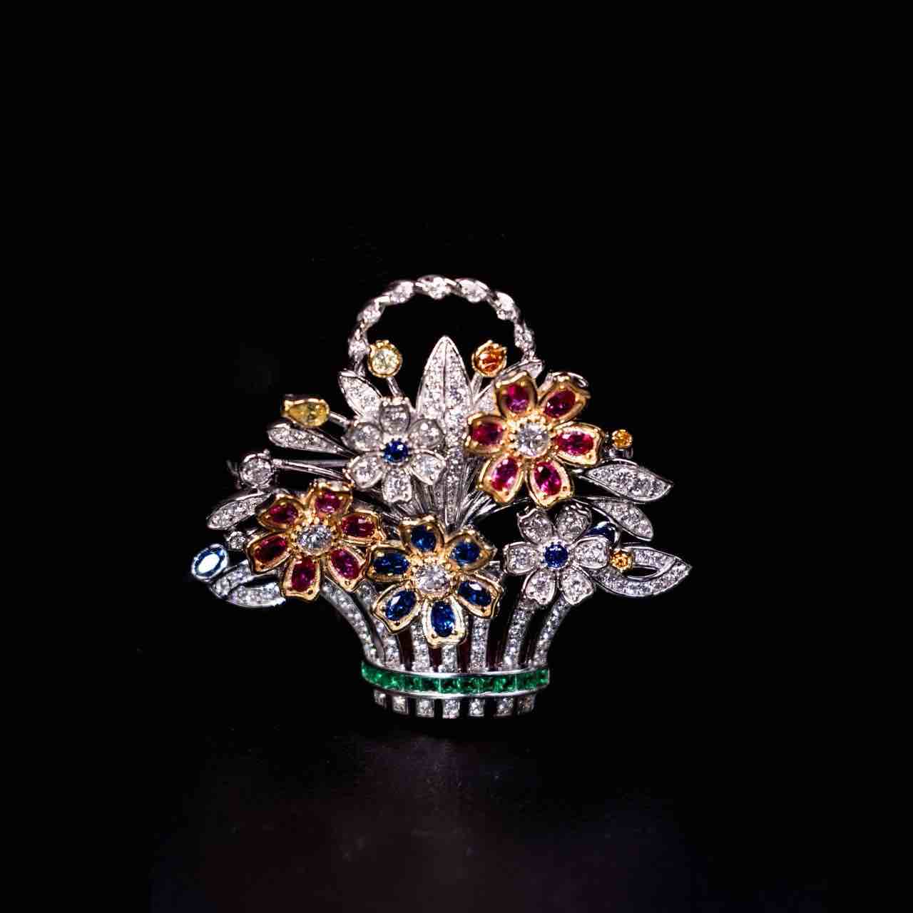 Omnia Naila Multi Color Floral Basket Silver brooch in 925 Silver High Quality Simulated Diamonds Stones