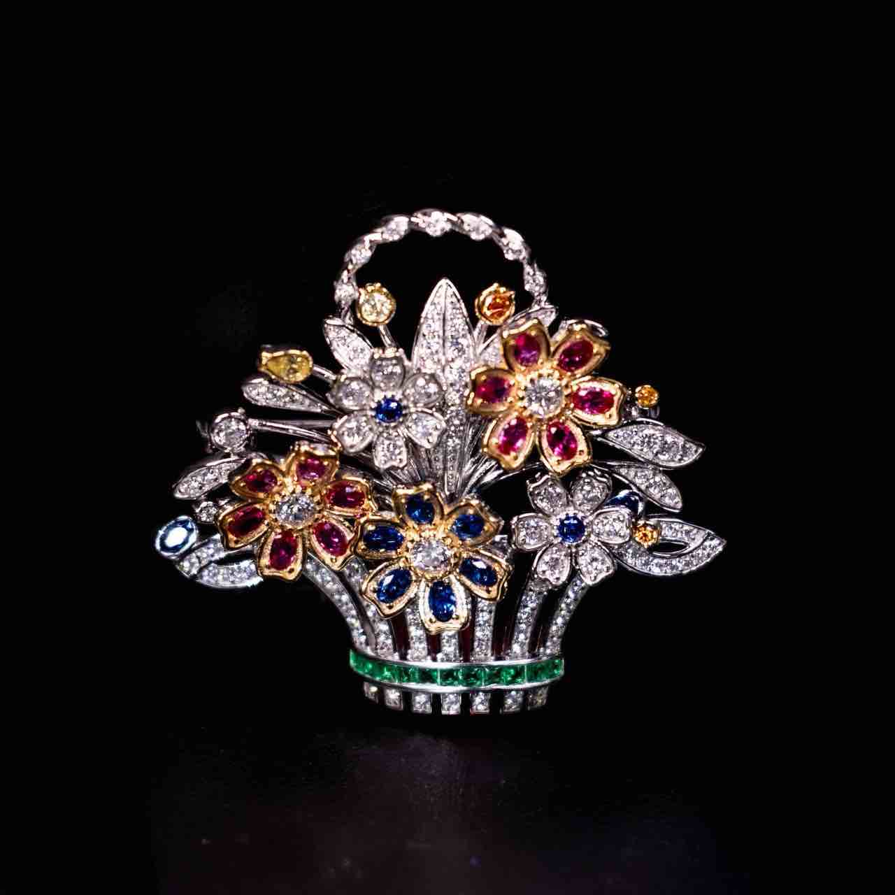 Omnia Naila Multi Color Floral Basket Silver brooch in 925 Silver High Quality Simulated Diamonds Stones