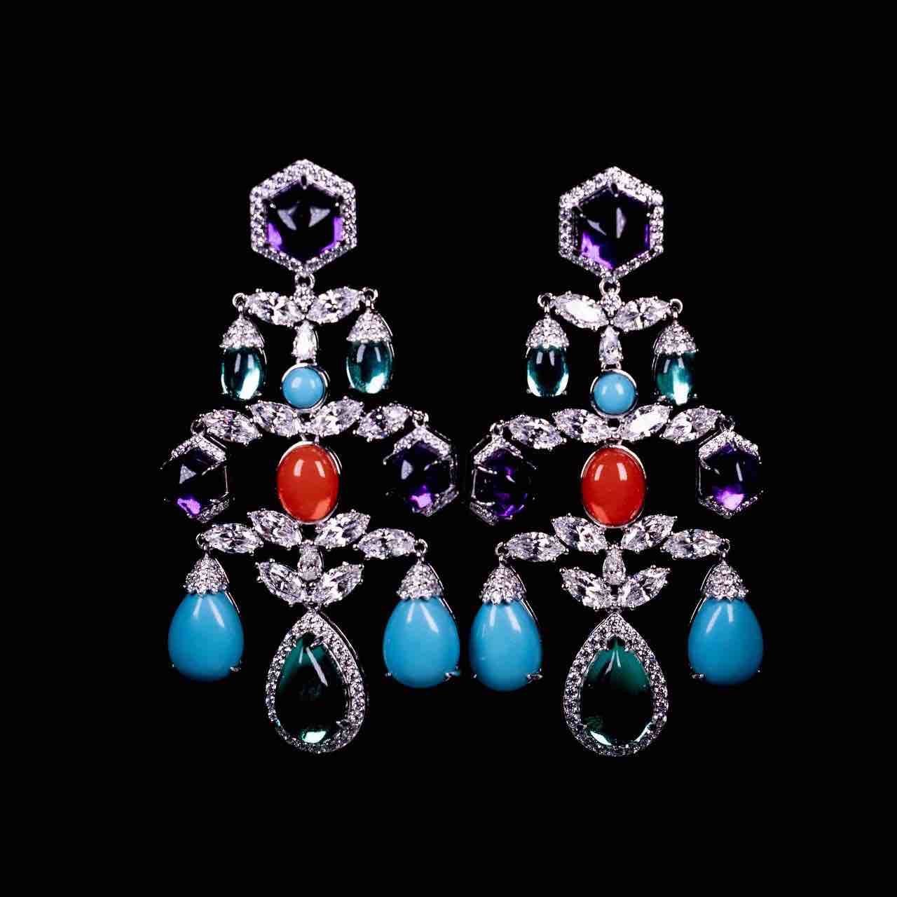 Omnia Raniya Chandelier Multi Color Silver Drop Earrings In 925 Silver High Quality Certified Lab Crafted Stones