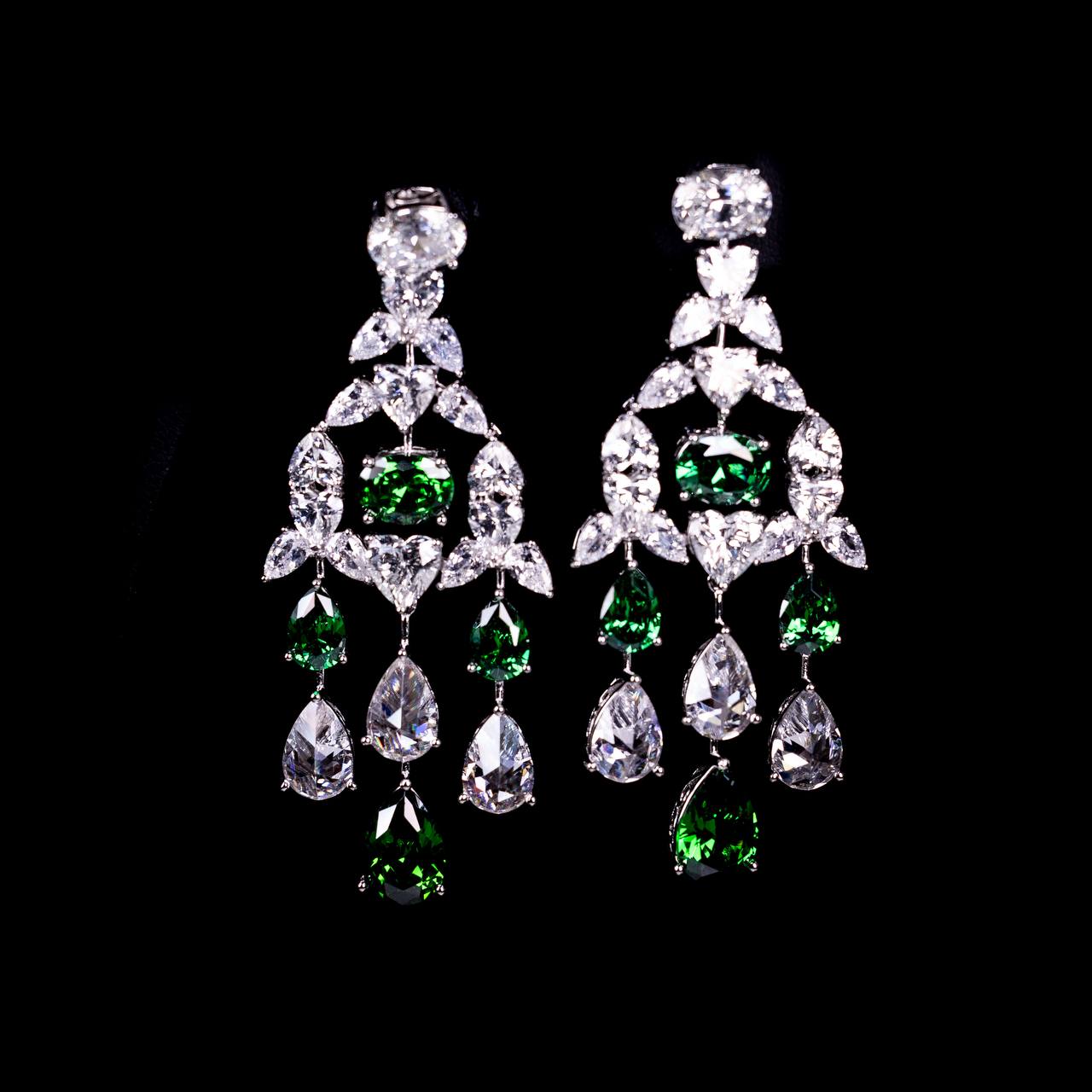 Omnia Saliha White and Green Drop Earrings In 925 Silver High Quality Certified Lab Crafted Stones