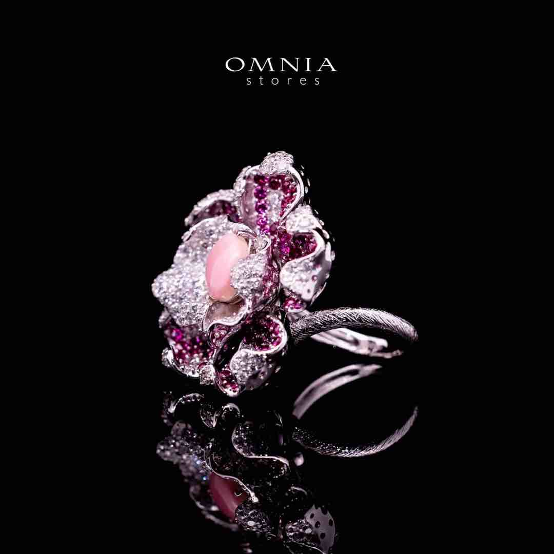 Omnia Sufiya Pink Coral Flower Silver Ring in 925 Silver High Quality Simulated Diamonds Stones