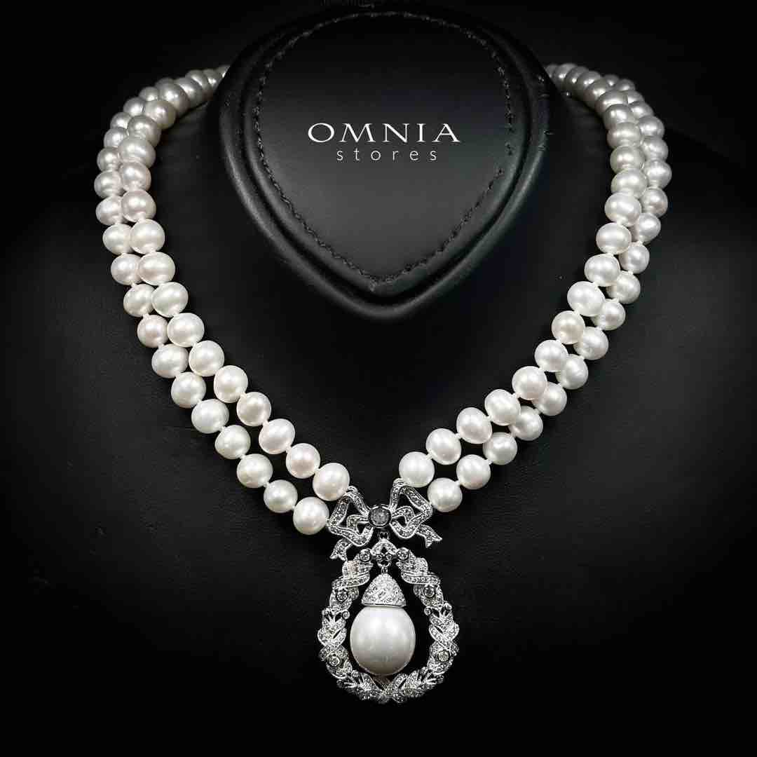 Omnia Aneera Fresh Water Pearl Necklace and Earrings Set with 925 Silver High Quality Simulated Diamonds Stones - OMNIASTORES UAE