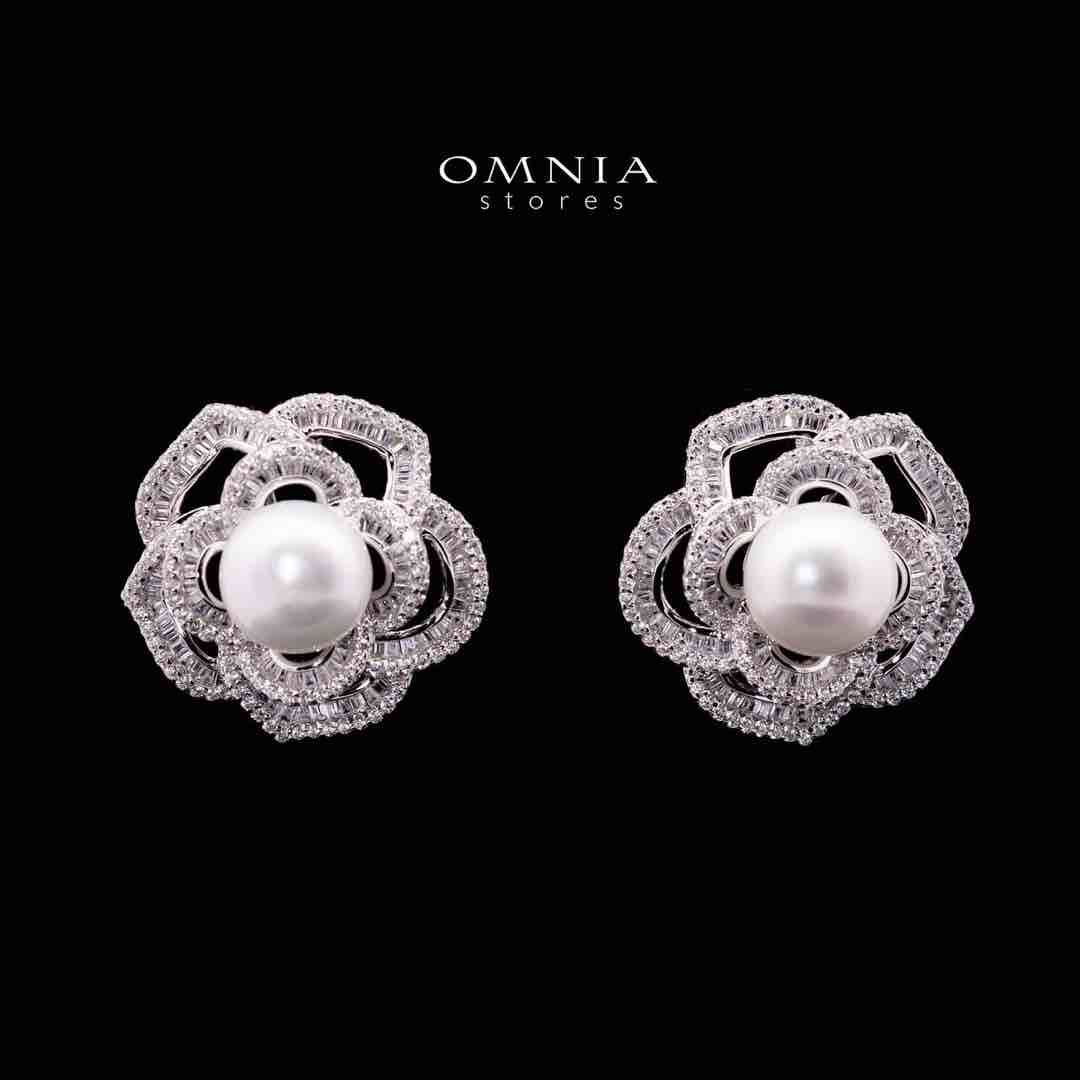 Omnia Almaz Flower Fresh Water Pearl Silver Earrings with 925 Silver High Quality Simulated Diamonds Stones