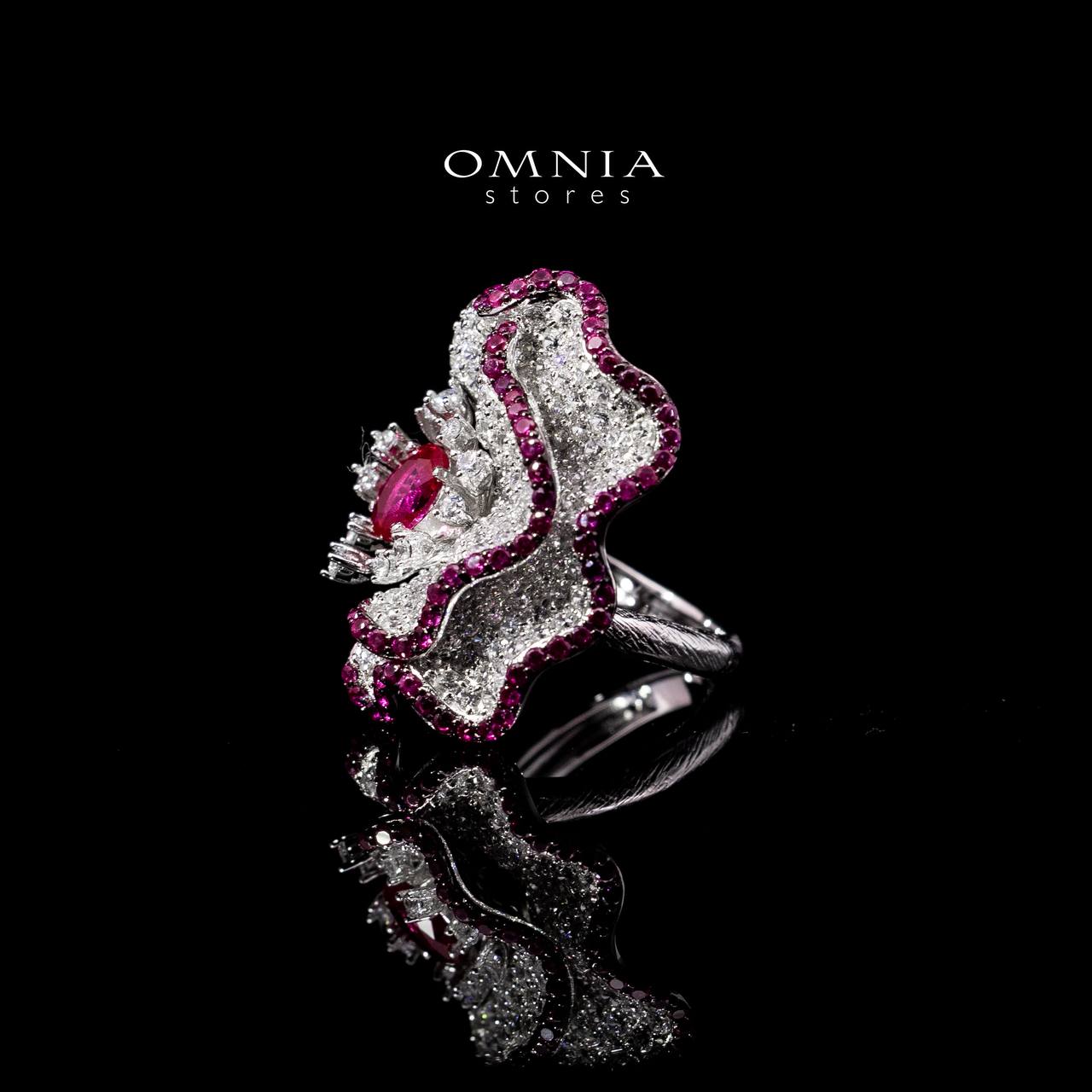 Omnia Ausa Red Flower Silver Ring in 925 Silver High Quality White and Maroon Simulated Diamond Stones