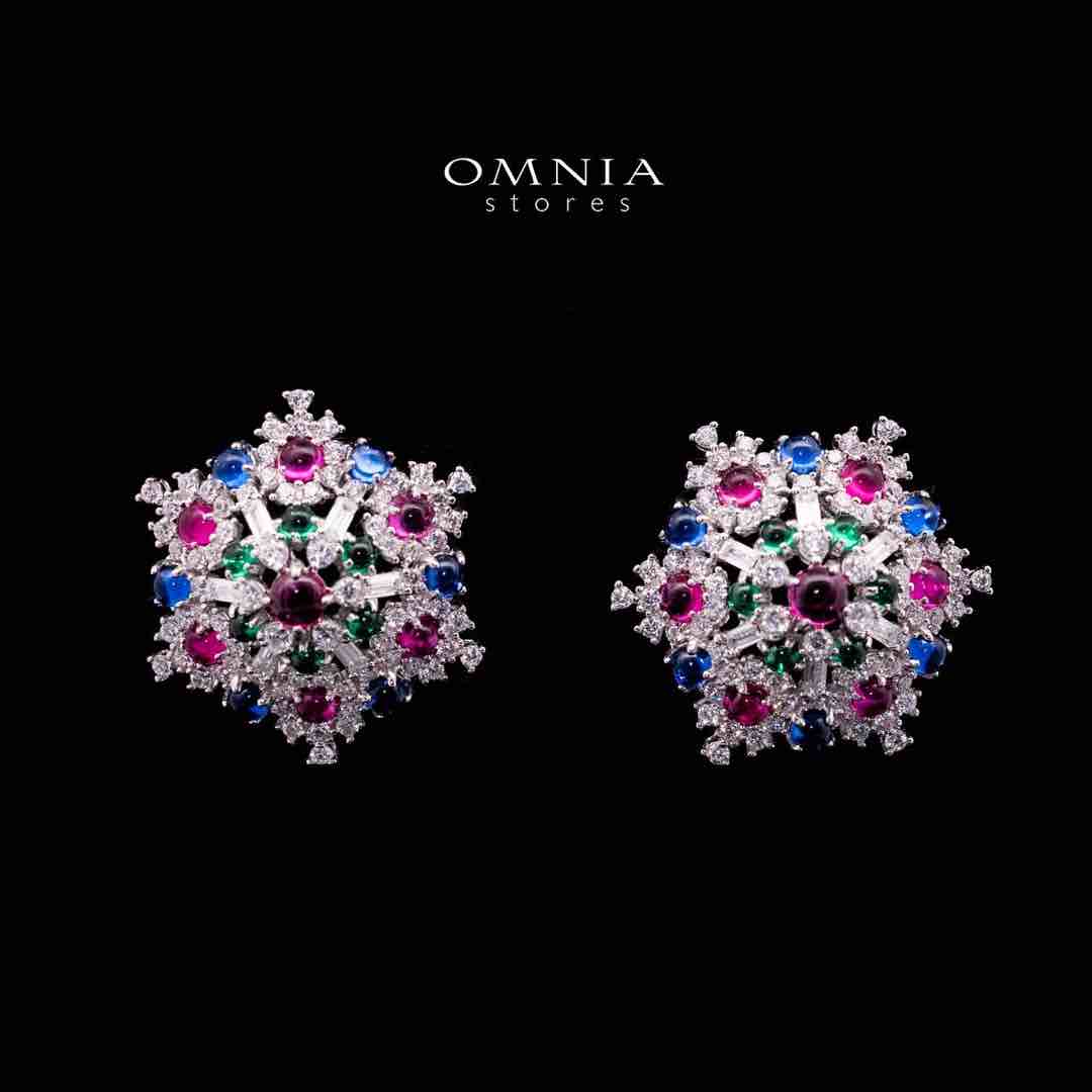Omnia Feda Multi Color Silver Stud Earrings in 925 Silver High Quality Simulated Diamonds Stones