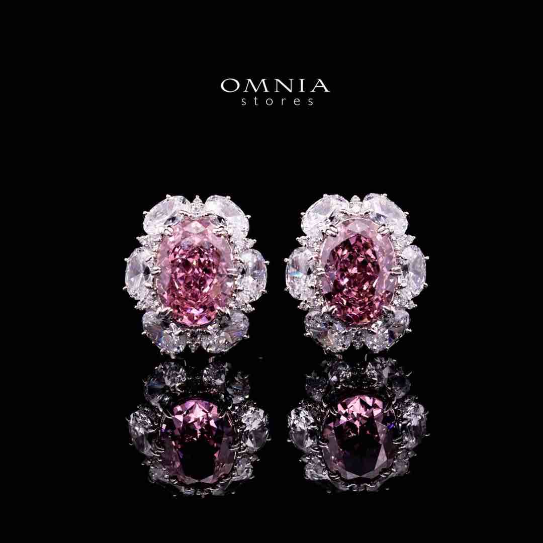 Omnia Beeta Pink and White Flower Silver Clip Earrings in 925 Silver High Quality Simulated Diamonds Stones - OMNIASTORES UAE