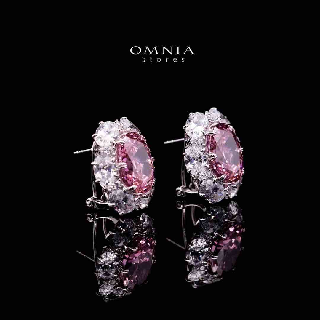 Omnia Beeta Pink and White Flower Silver Clip Earrings in 925 Silver High Quality Simulated Diamonds Stones - OMNIASTORES UAE