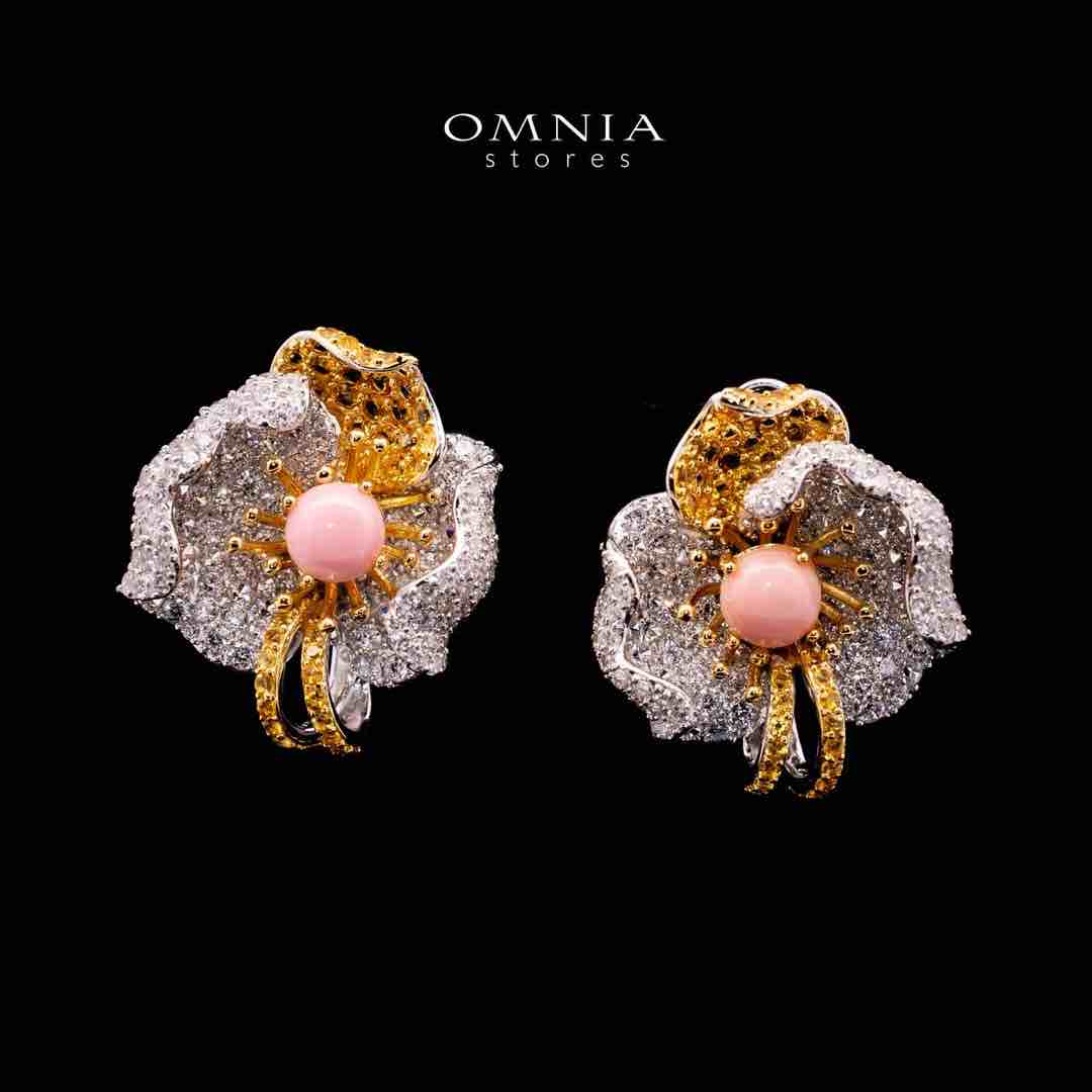 Omnia Sanaa Pink Coral White and Gold Flower Silver Earrings in 925 Silver High Quality Simulated Diamonds Stones - OMNIASTORES UAE