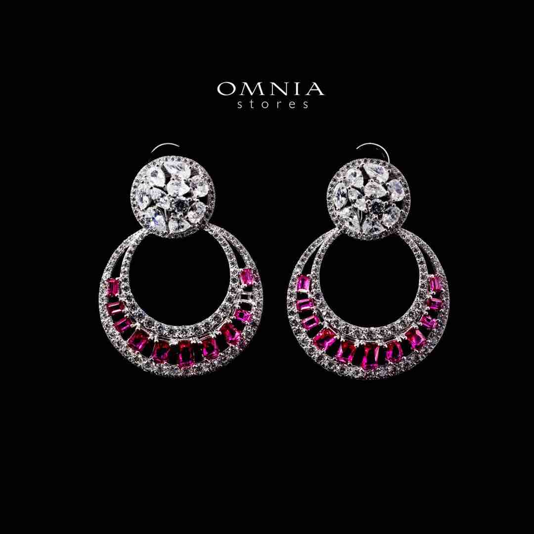 Omnia Hilf Red Silver Drop Earrings in 925 Silver High Quality White Simulated Diamond Stones