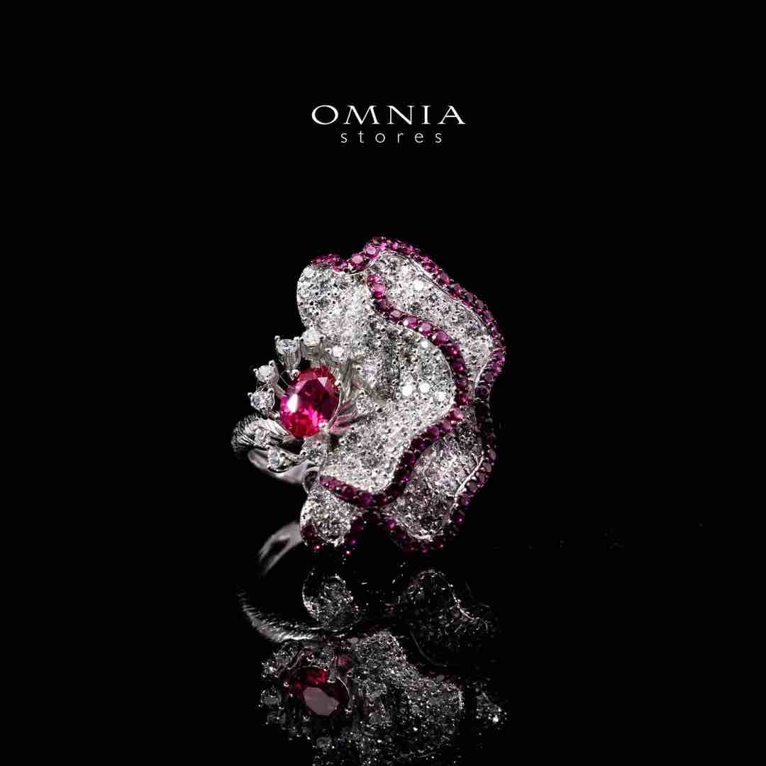 Omnia Ausa Red Flower Silver Drop Earrings in 925 Silver High Quality White and Maroon Simulated Diamond Stones - OMNIASTORES UAE