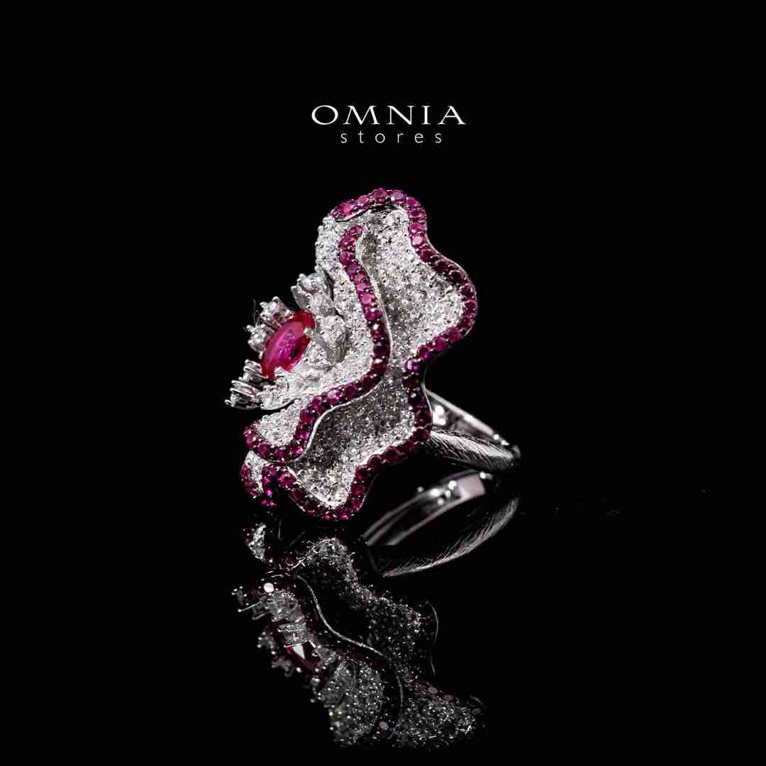 Omnia Ausa Red Flower Silver Drop Earrings in 925 Silver High Quality White and Maroon Simulated Diamond Stones - OMNIASTORES UAE