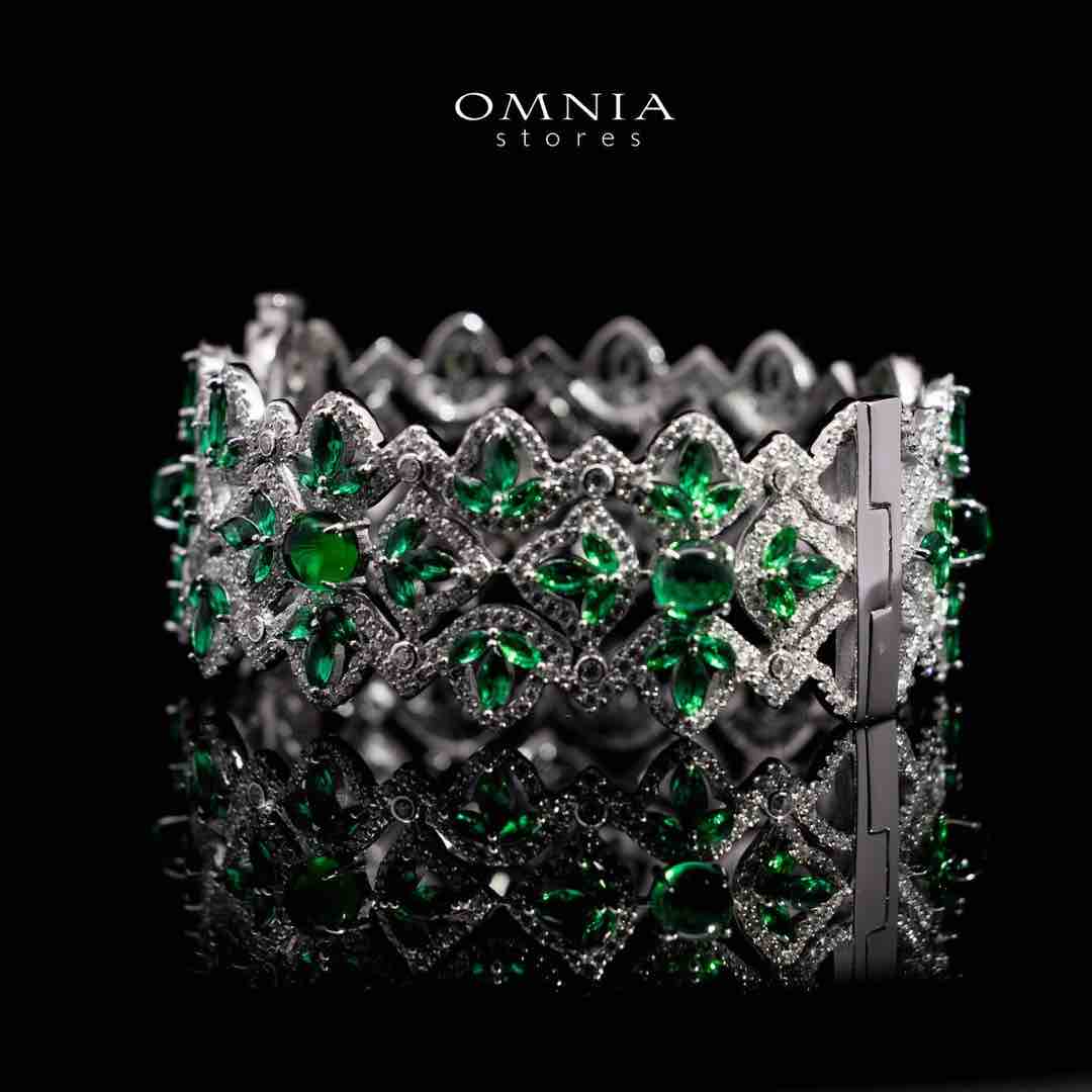 Omnia Hiba Green and White Silver Bracelet in 925 Silver High Quality Simulated Diamond Stones