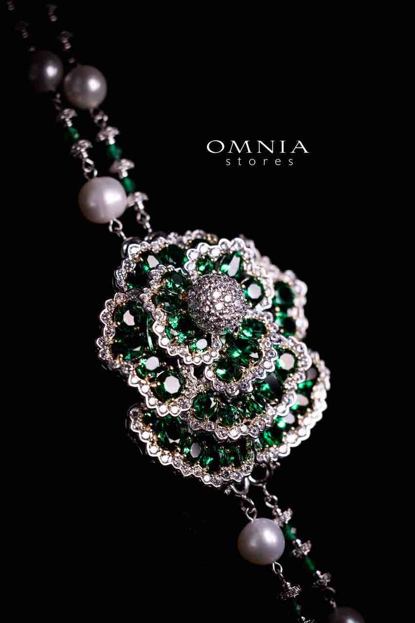 Omnia Nadia Green and White Silver with Real Fresh Pearl Long Chain Necklace in 925 Silver High Quality Simulated Diamond Stones