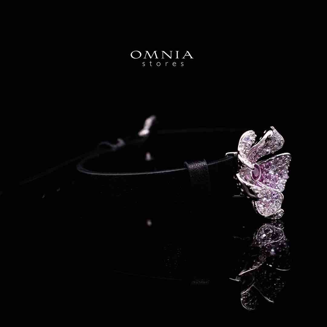 Omnia Yasmine Purple Flower Leather Strap Bracelet in 92.5 Silver with High Quality Simulated Diamonds - OMNIASTORES UAE