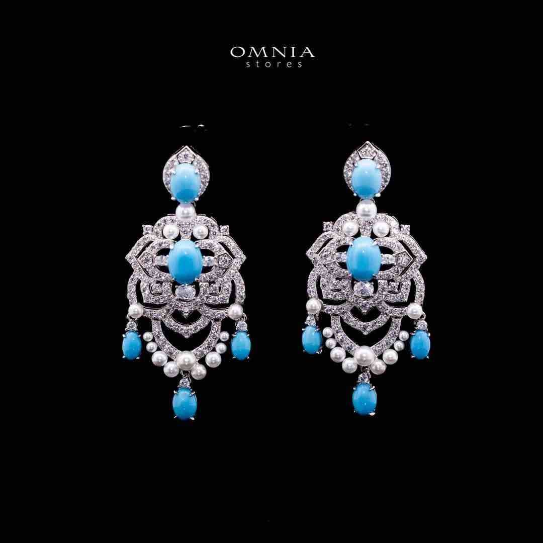 Omnia Shayma Sky Blue Coral, White Fresh Peart Silver Drop Earrrings Necklace in 925 Silver In High Quality Simulated Diamonds - OMNIASTORES UAE