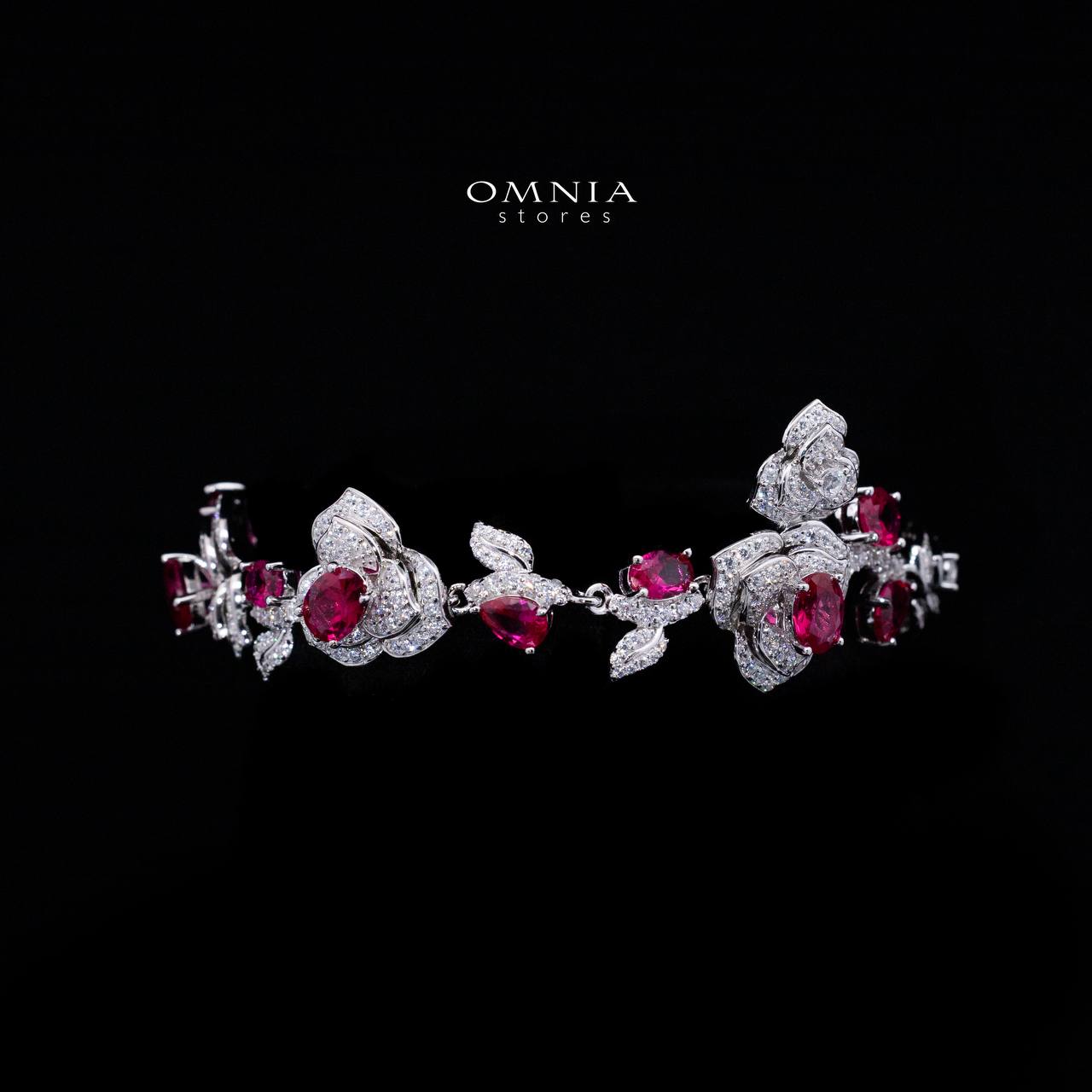 Omnia Nazeeya Red Floral Drop Bracelet in 925 Silver with High Quality Simulated Diamonds