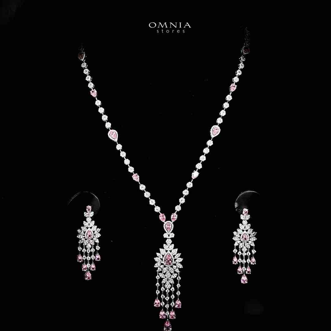 Azadeh Pink Bridal Long chain Set Accessories High Quality Zircon Stone In Rhodium Plated - OMNIASTORES UAE