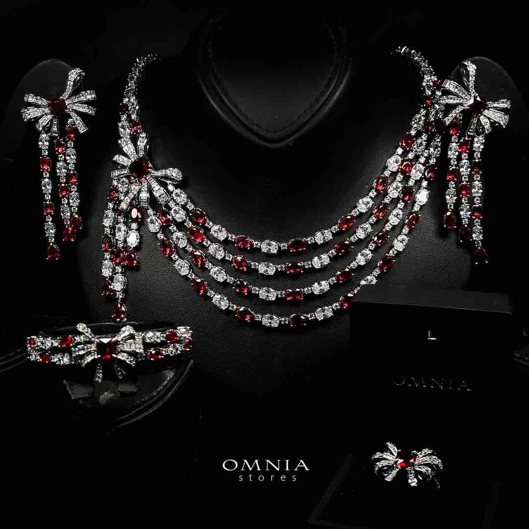 Omnia Mawada Red Bridal Full Set with Elegant Bow-Accent Design and High-Quality Zircon Stones in Rhodium Plated Finish - OMNIASTORES UAE