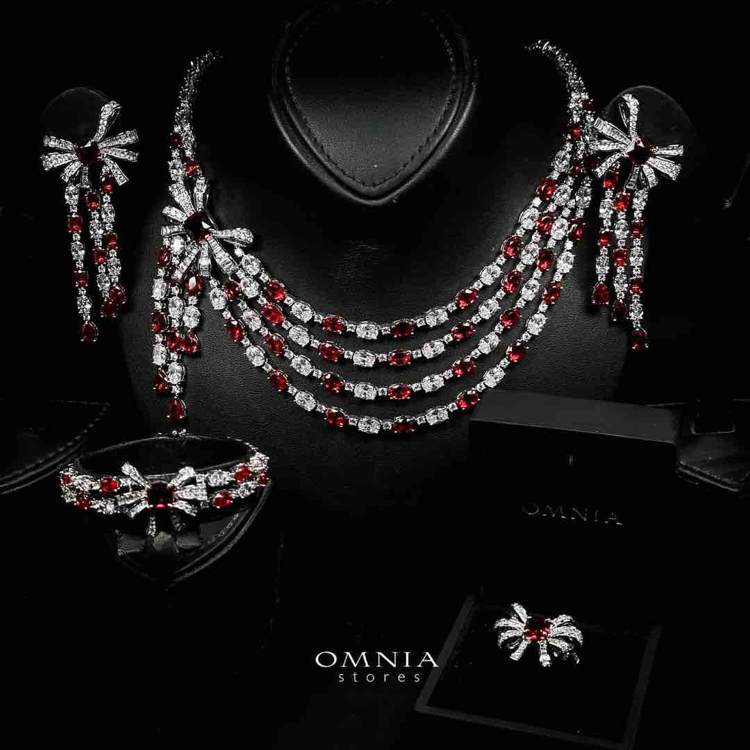 Omnia Mawada Red Bridal Full Set with Elegant Bow-Accent Design and High-Quality Zircon Stones in Rhodium Plated Finish - OMNIASTORES UAE