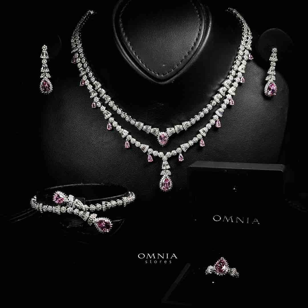 Omnia Ghada Pink Bridal Full Set with Rhodium Plated in High Quality Zircon Stone Rhodium Plated - OMNIASTORES UAE