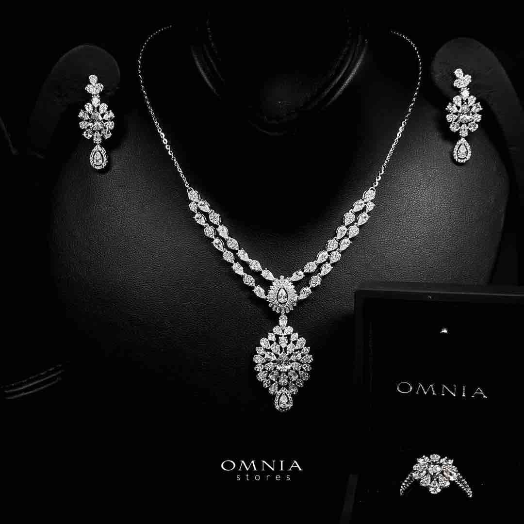 Omnia Muneera White Necklace, Earrings and Ring Set in 925 Silver with High Quality Simulated Diamonds - OMNIASTORES UAE