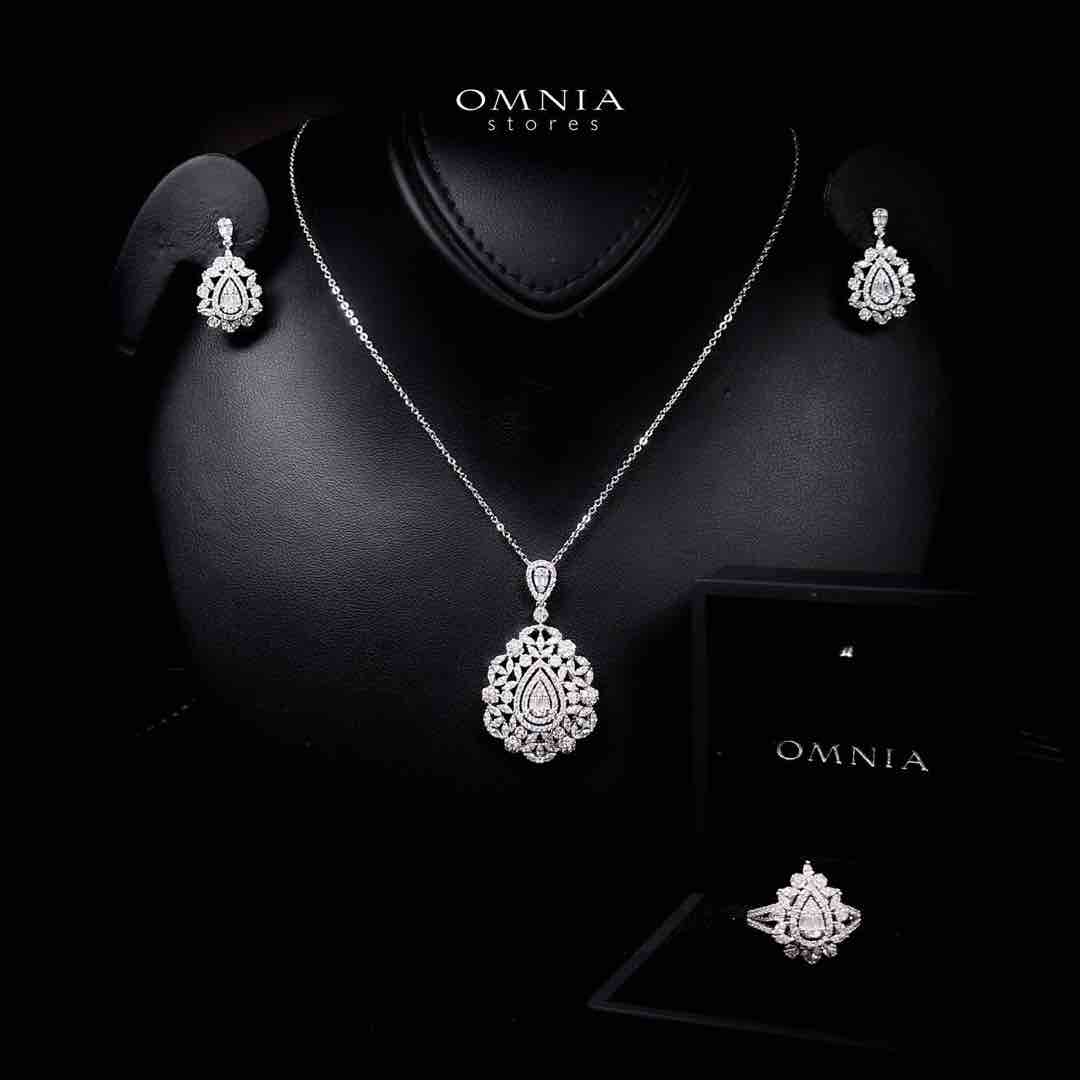 Omnia Sabrina Luxury White Necklace, Earrings and Ring Set in High Quality Zircon Stone Rhodium Plated