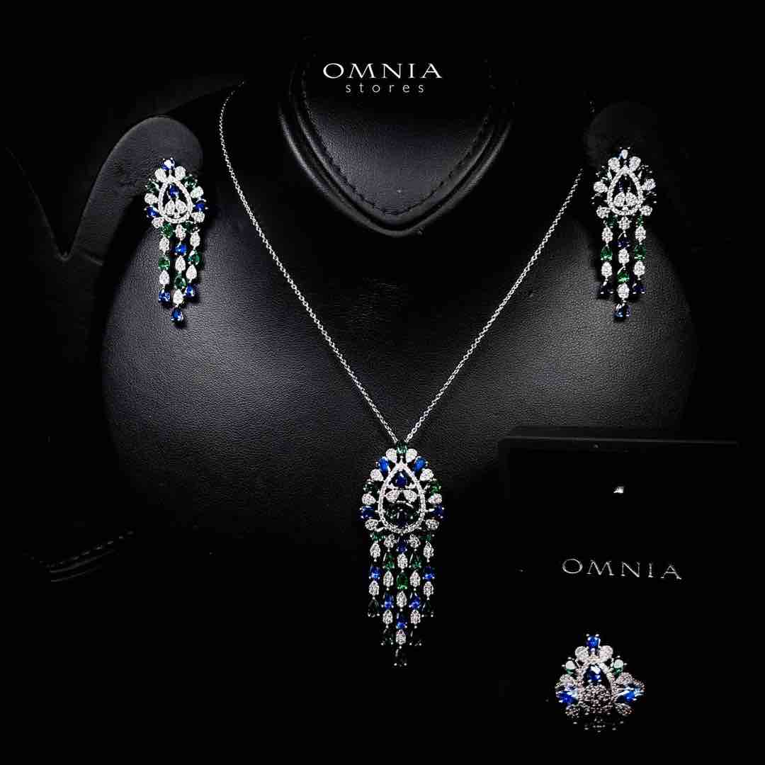 Omnia Aleah Luxury Multi Color Necklace, Earrings and Ring Set in High Quality Zircon Stone Rhodium Plated