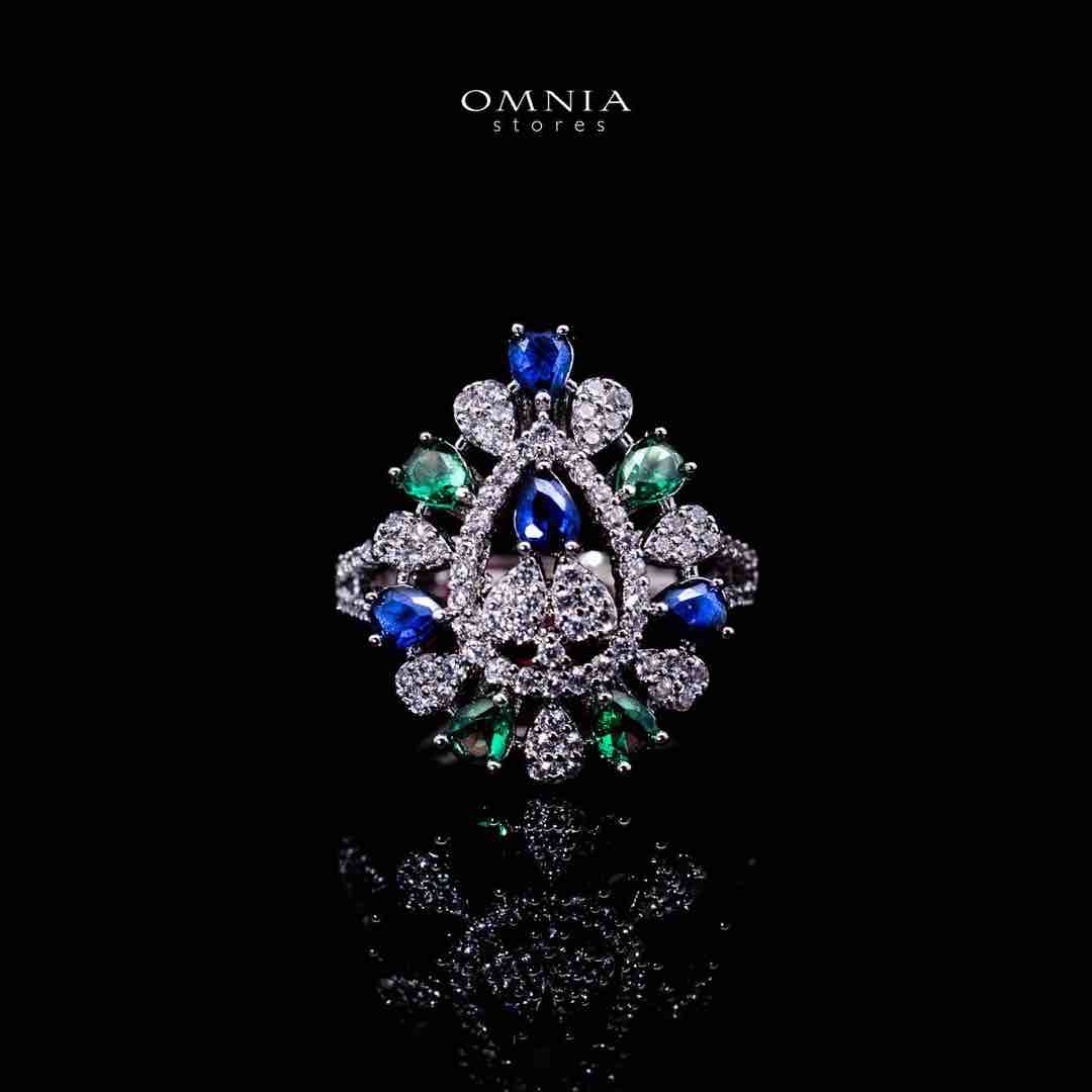 Omnia Aleah Luxury Multi Color Necklace, Earrings and Ring Set in High Quality Zircon Stone Rhodium Plated