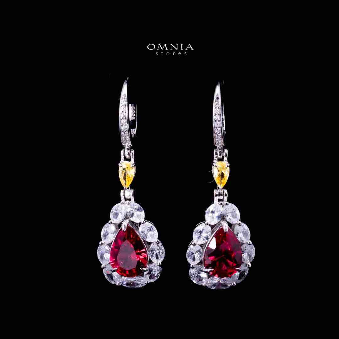 Omnia Amarah Red & Yellow Stone Drop Earrings in 925 Silver with High Quality Simulated Diamonds
