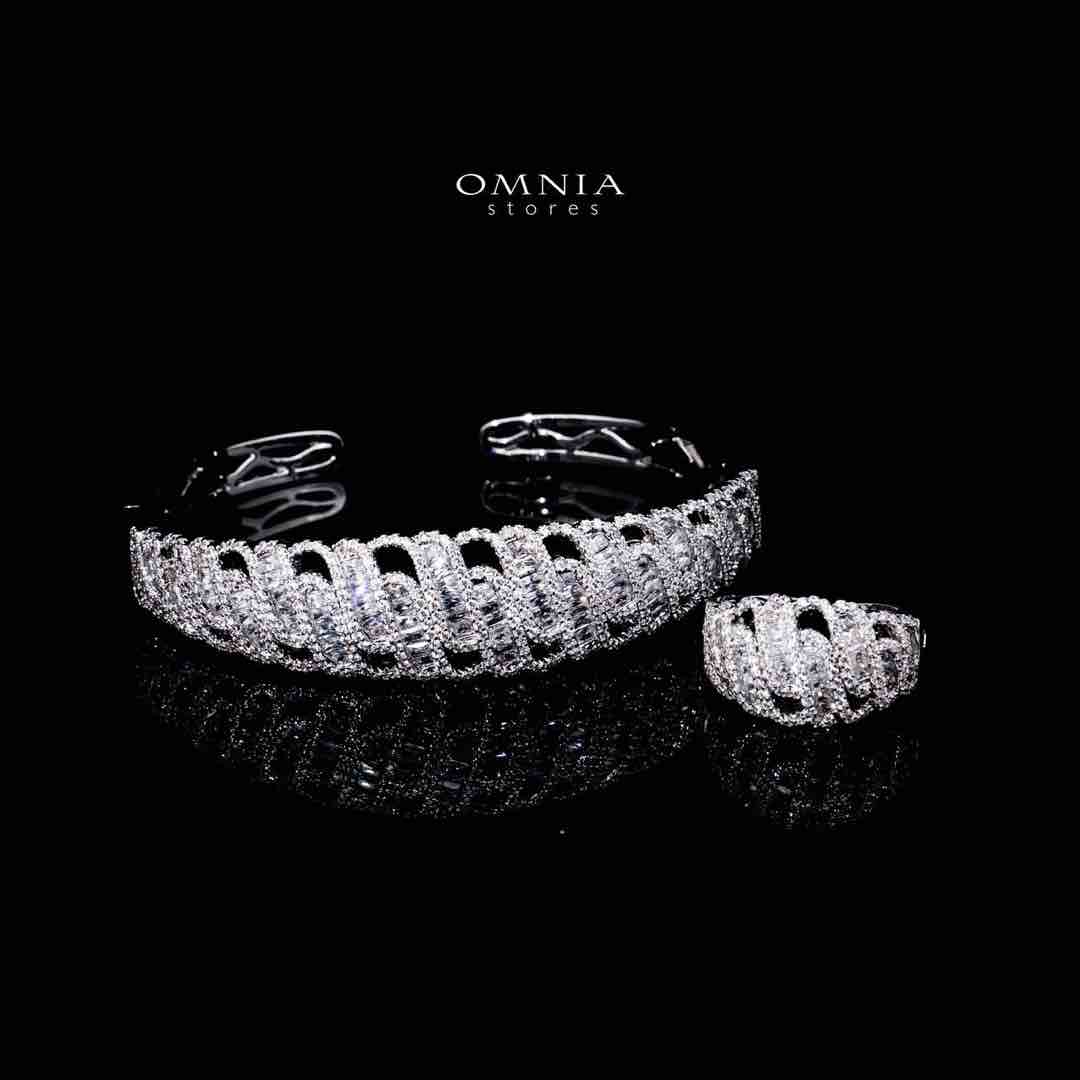 Omnia Aaniya Luxury White Bracelet & Ring Set in High Quality Zircon Stone Rhodium Plated