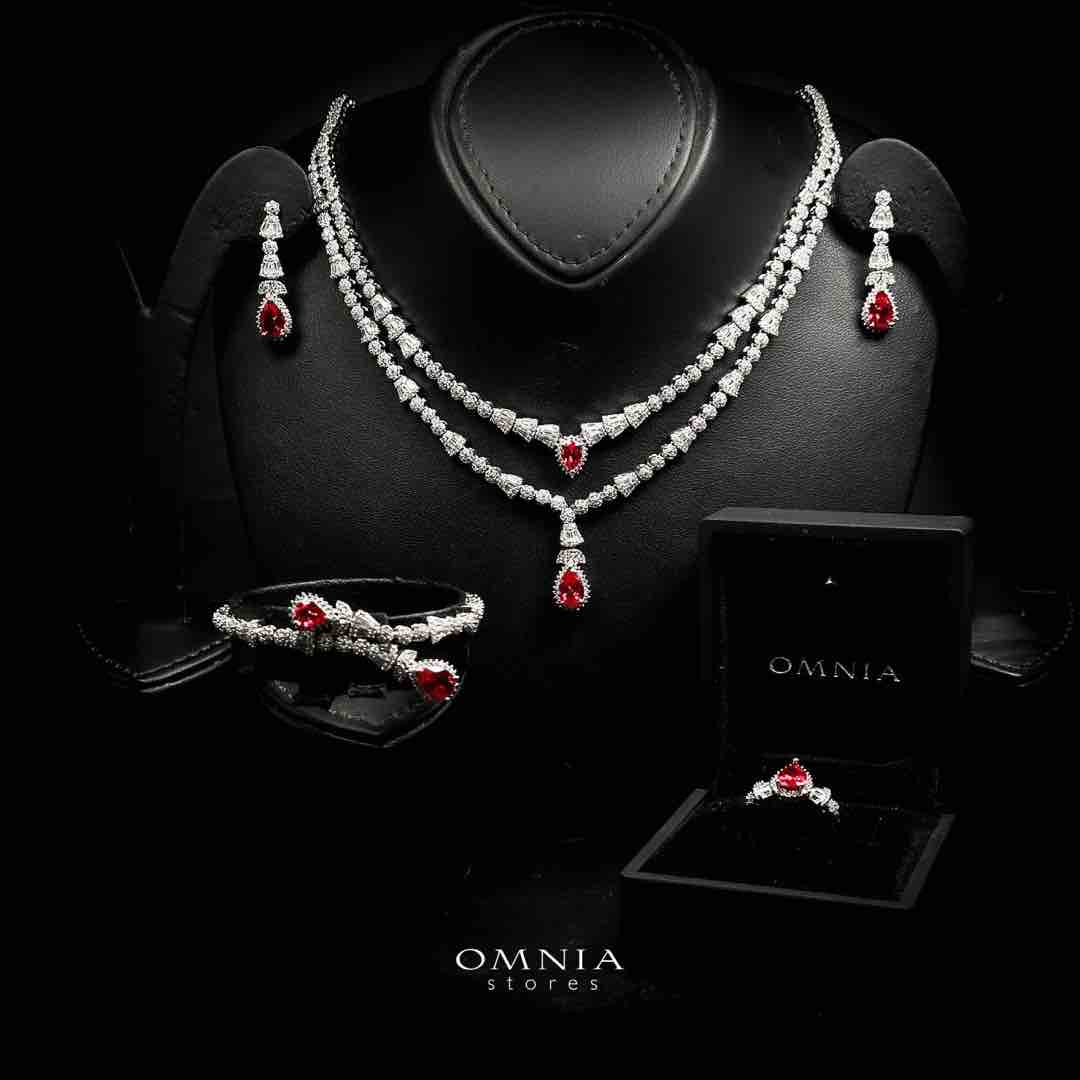 Omnia Ethereal Red Drop Luxury Bridal Full Set in High Quality Rhodium Plated Zircon Stones