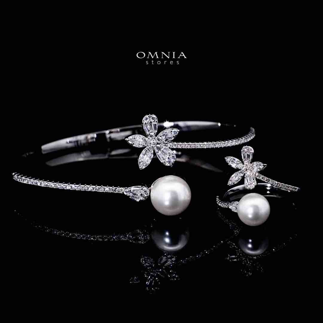 Omnia Bareea Luxury White Pearl Bracelet & RIng Set in High Quality Zircon Stone Rhodium Plated