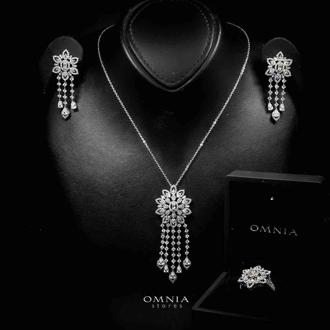Omnia Elisha Luxury White Necklace, Earrings & RIng Set in High Quality Zircon Stone Rhodium Plated